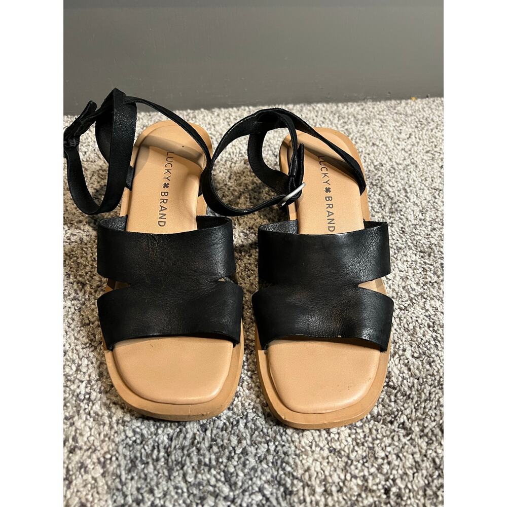 Lucky Brand Black Sandals Ankle Strap Round 1 1/2” Heel Women’s Sz 5 casual - Picture 2 of 5